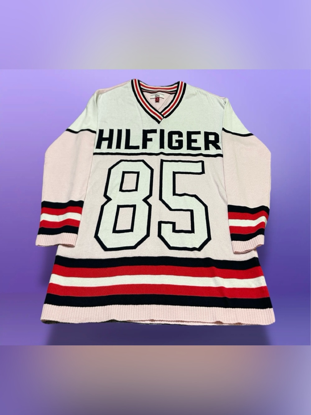 Tommy Hilfiger Pink and Black '85' V-Neck Logo Sweater M